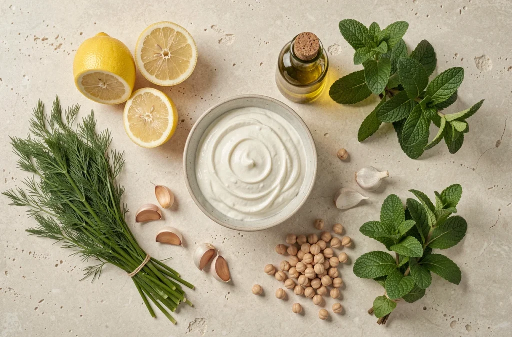 Vue aérienne d'ingrédients sains pour cuisiner léger : yaourt, herbes fraîches, citron et huile d'olive