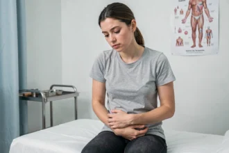 Jeune femme adulte en cabinet médical tenant son abdomen, illustrant les premiers symptômes de la maladie de Crohn