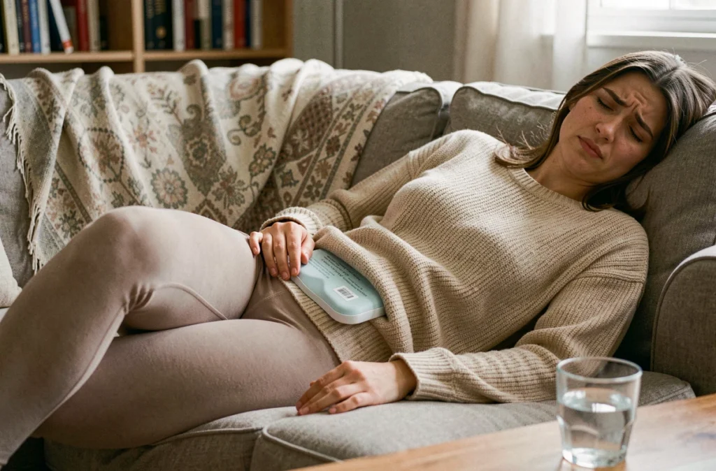 Jeune femme adulte allongée avec une bouillotte sur l'abdomen, illustrant la douleur chronique liée à la maladie de Crohn