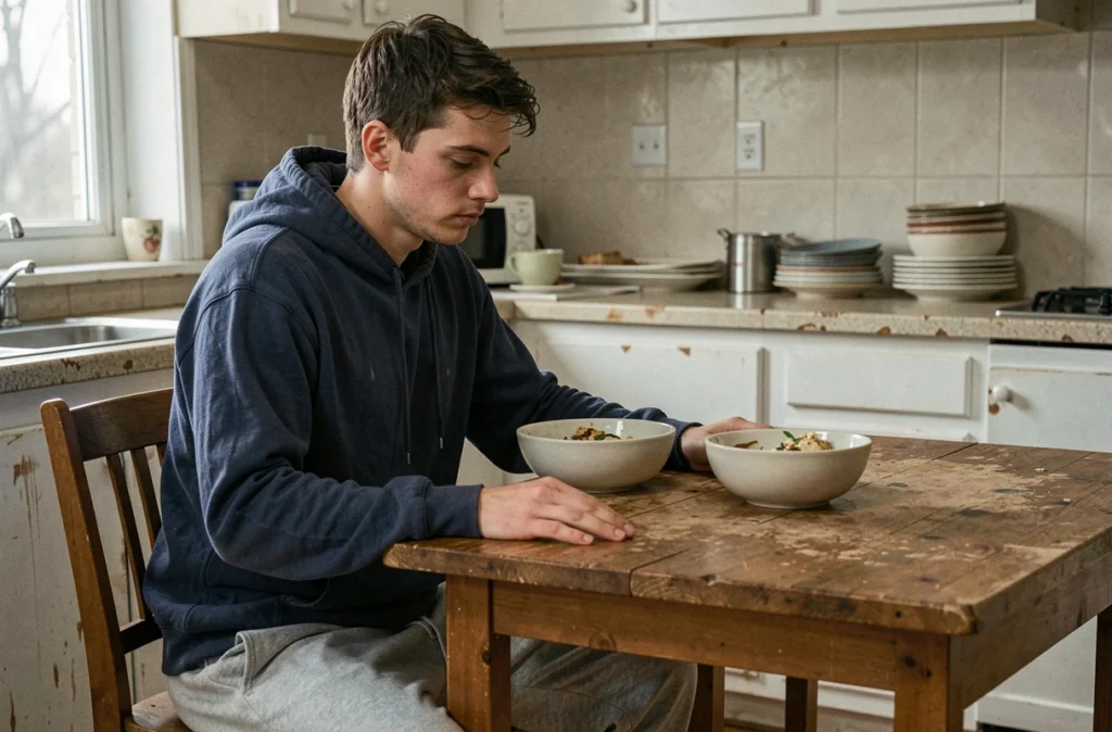 Jeune homme adulte sans appétit devant un repas, symptôme courant de la maladie de Crohn chez les jeunes adultes