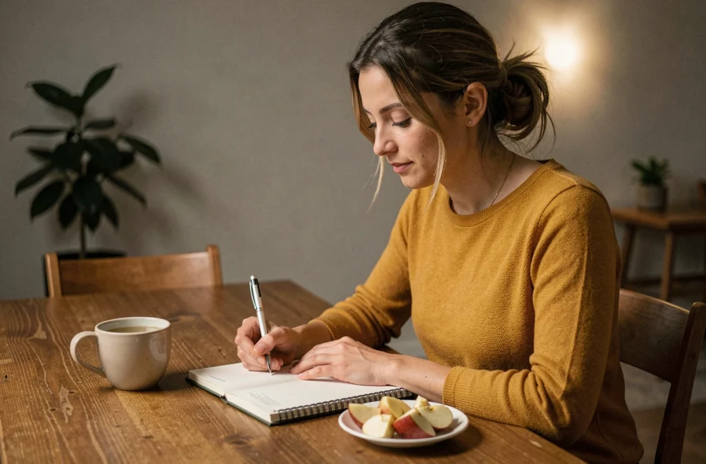 Jeune femme écrivant dans un journal alimentaire le soir avec une tisane et des tranches de pomme pour réduire les grignotages