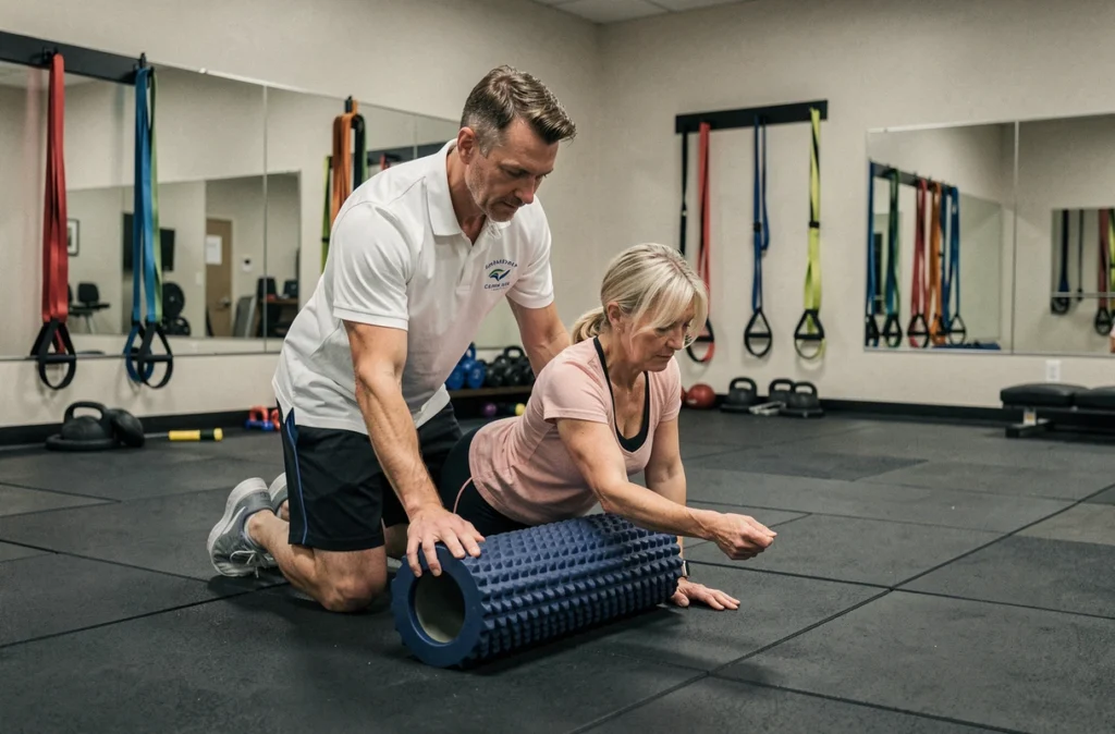 Kinésithérapeute guidant une patiente dans un exercice de rééducation avec un foam roller dans une salle de sport thérapeutique