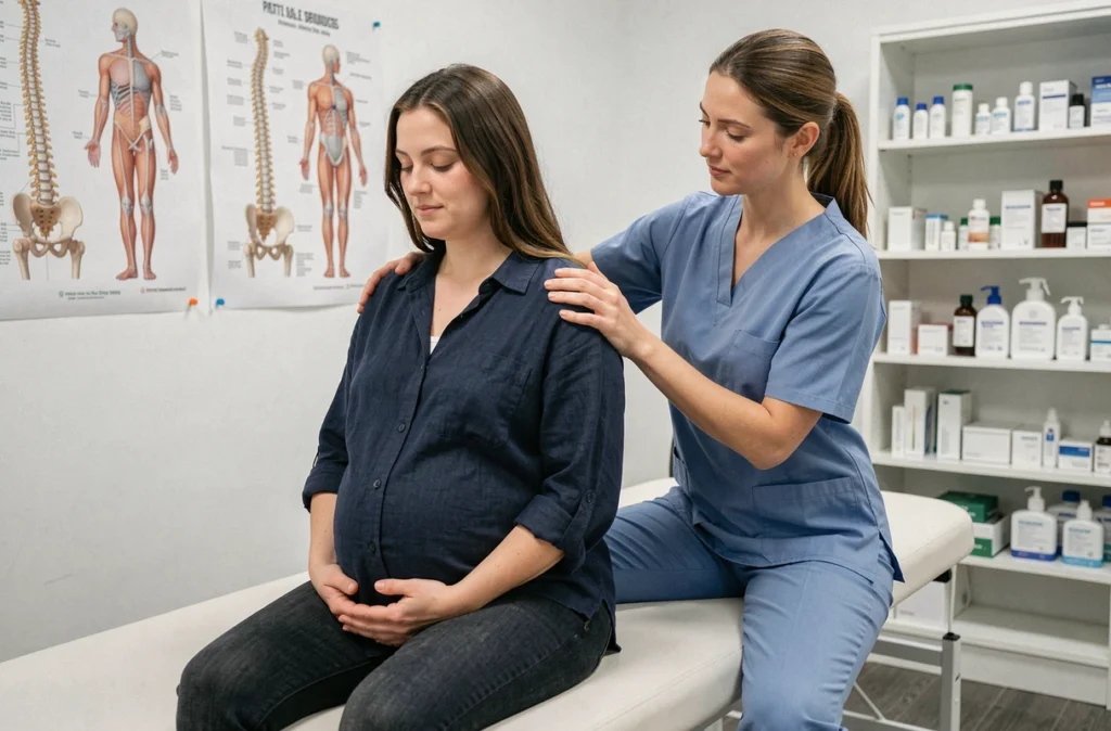 Kinésithérapeute massant le bas du dos d'une femme enceinte en cabinet de physiothérapie pour soulager les lombalgies