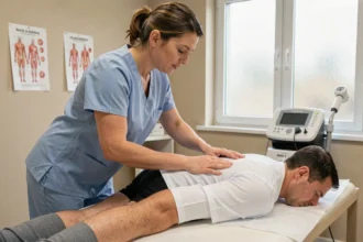Kinésithérapeute réalisant une thérapie manuelle sur le bas du dos d'un patient dans un cabinet de rééducation moderne