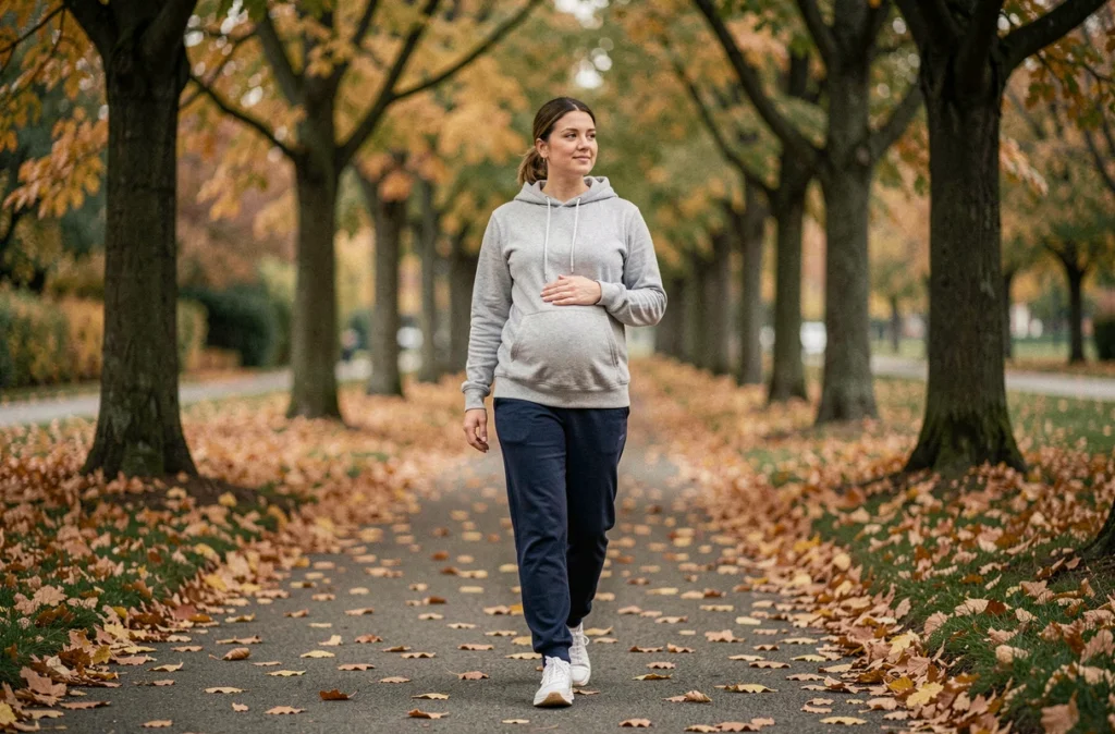 Femme enceinte marchant dans un parc en automne pour maintenir une activité physique douce