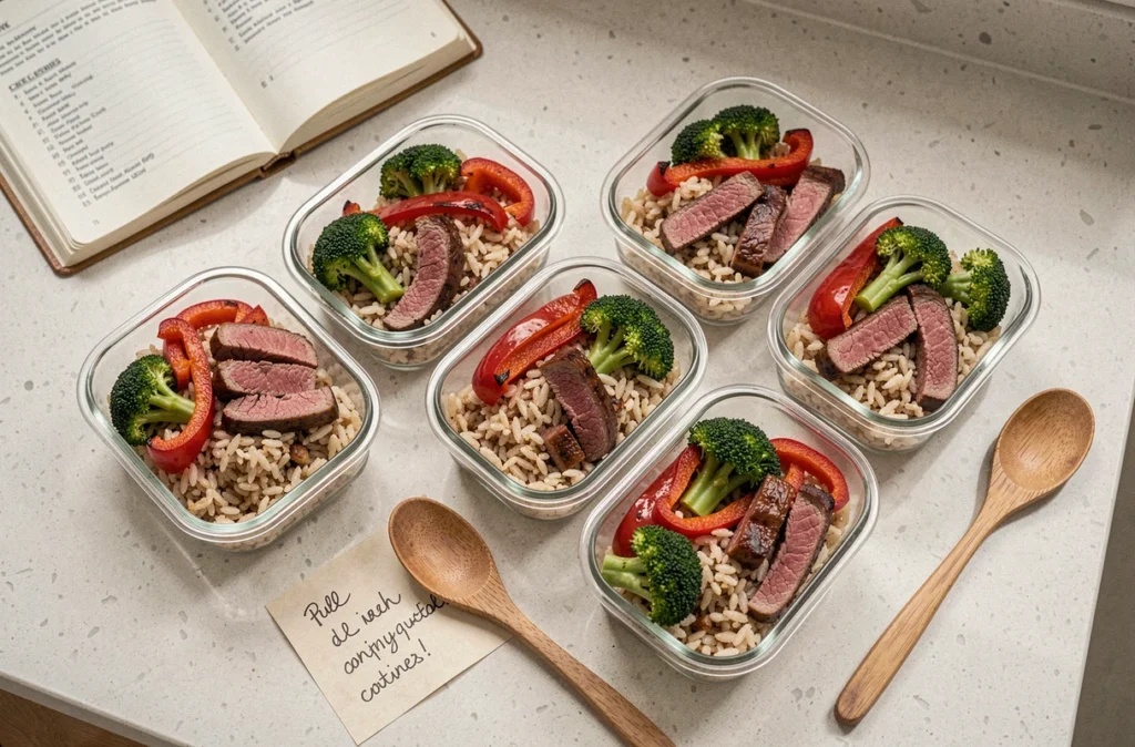 Préparation de repas hebdomadaire avec viande rouge maigre, riz complet et légumes en boîtes de conservation