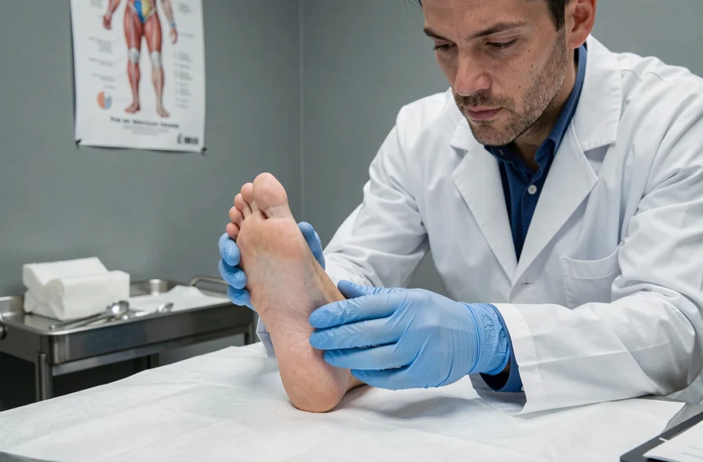 Médecin en blouse blanche examinant la brûlure sur le pied d'un patient lors d'une consultation médicale