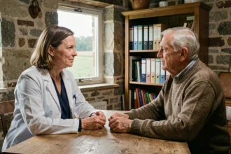 Médecin généraliste en consultation avec un patient âgé dans un centre de soins rural en Belgique