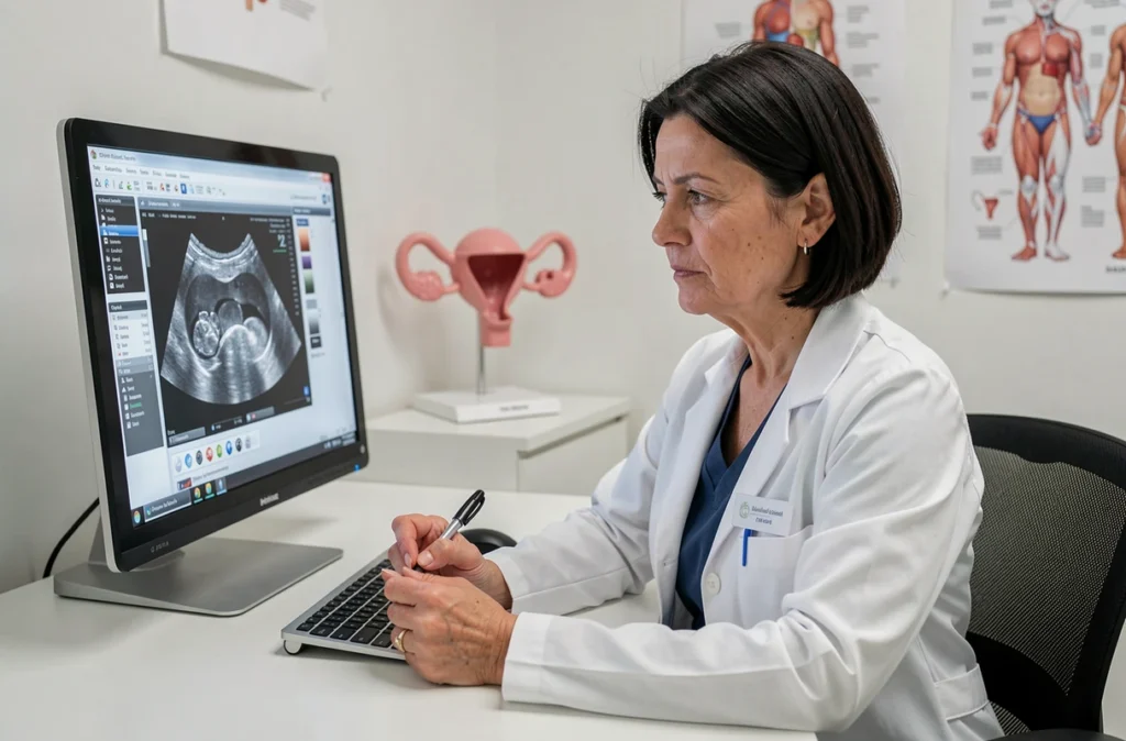 Médecin obstétricienne examinant une échographie fœtale sur écran, représentant le suivi médical du développement du fœtus lié au sommeil maternel