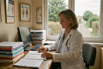 Médecin généraliste dans un cabinet rural consultant des dossiers médicaux, illustrant la problématique des déserts médicaux en France