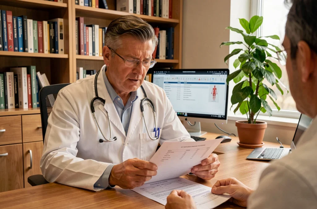 Médecin analysant des résultats de prise de sang LDH liés au foie au cœur et aux muscles en consultation