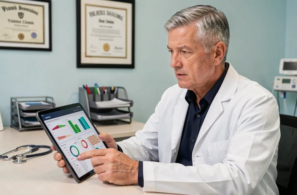 Médecin consultant une application numérique de suivi de maladies chroniques sur tablette dans un cabinet médical