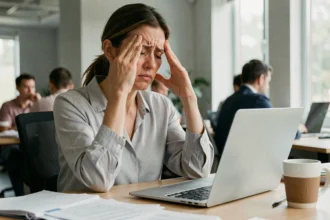 Femme souffrant de migraine chronique au bureau, les doigts sur les tempes, incapable de se concentrer sur son travail
