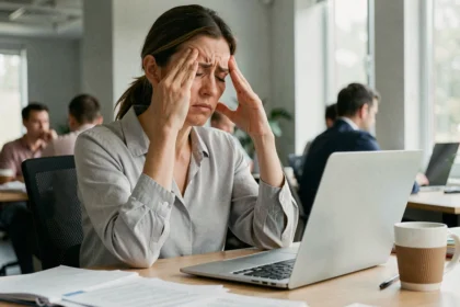 Femme souffrant de migraine chronique au bureau, les doigts sur les tempes, incapable de se concentrer sur son travail