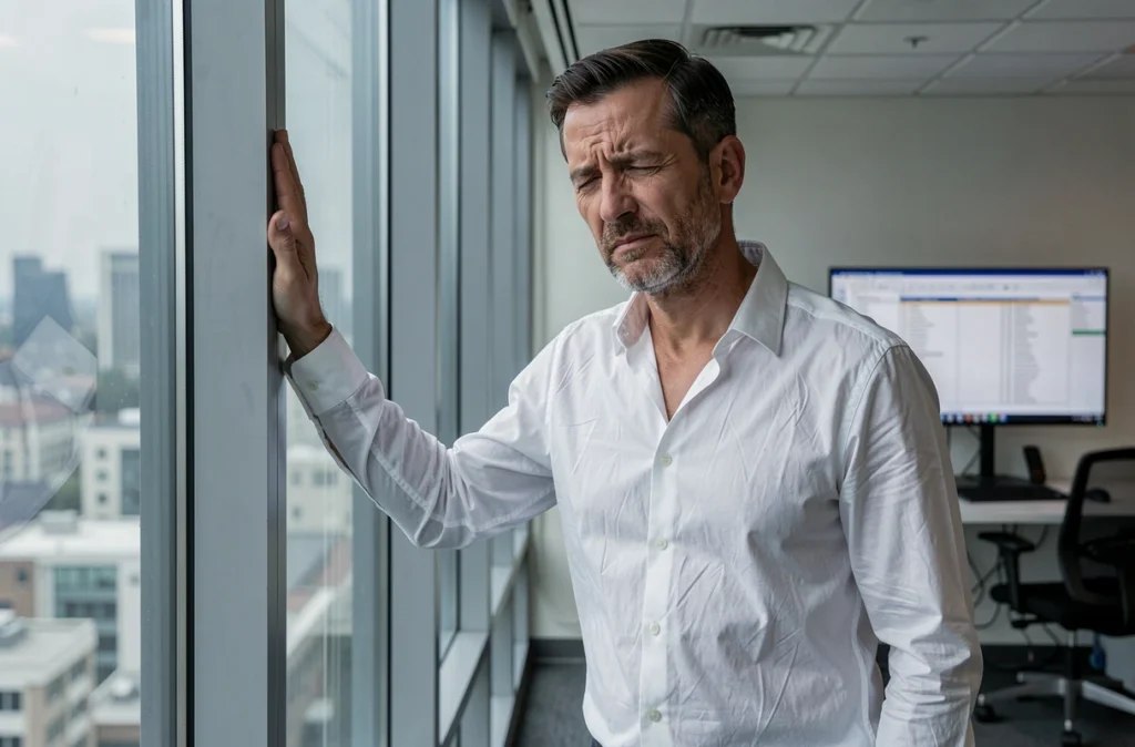 Homme souffrant de migraine au travail, appuyé contre une fenêtre de bureau, expression douloureuse et regard perdu
