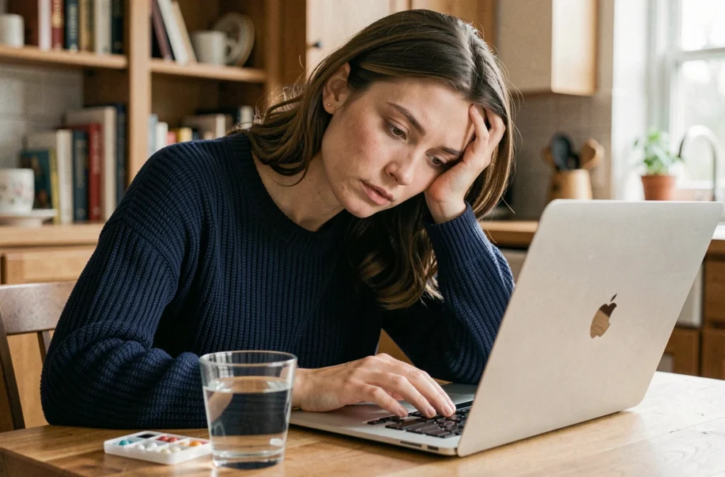Jeune femme en télétravail souffrant de migraine chronique, tête dans la main devant son ordinateur portable à domicile