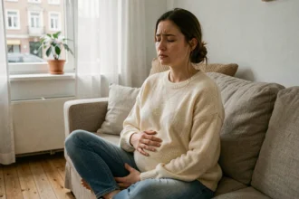 Femme enceinte au premier trimestre assise sur un canapé, main sur le ventre, expression apaisée malgré les nausées matinales