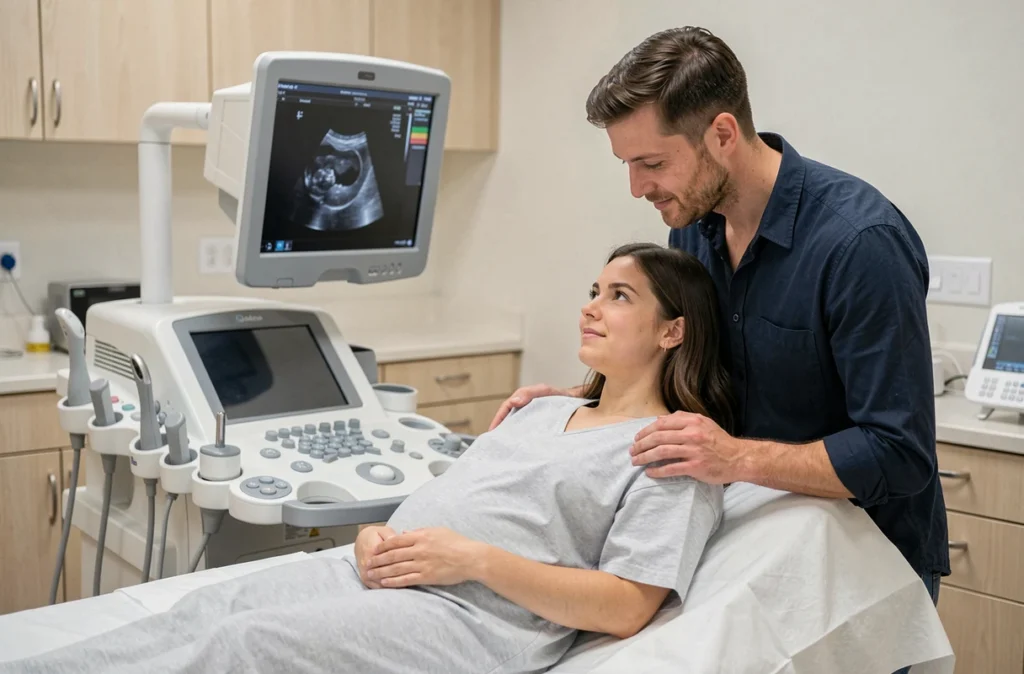 Un partenaire accompagne sa compagne enceinte lors d'une échographie, observant ensemble l'écran d'échographie