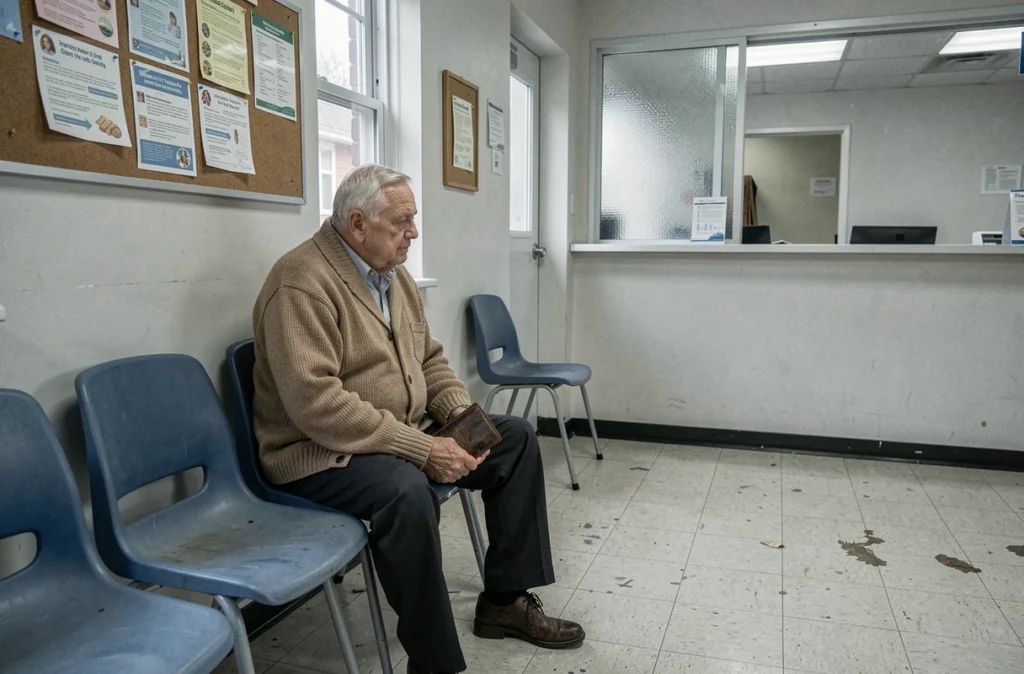 Patient âgé attendant seul dans une salle d'attente d'un centre de santé en zone rurale, symbole de l'accès difficile aux soins médicaux