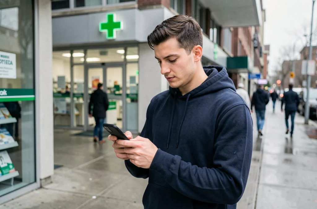 Jeune homme rédigeant un avis sur son médecin depuis son smartphone devant une pharmacie en milieu urbain