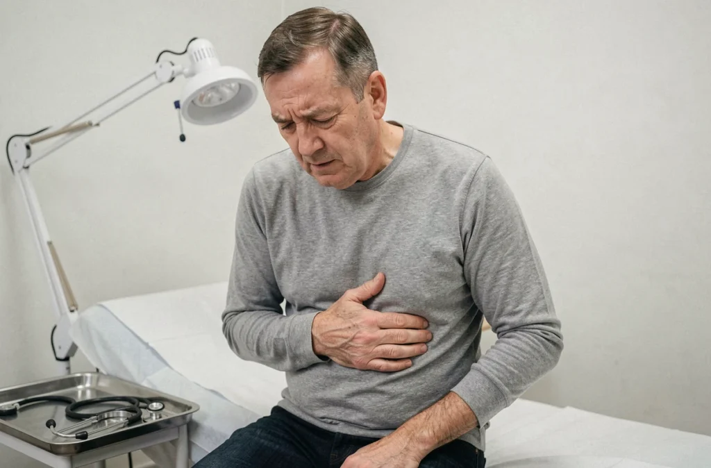 Patient d'une cinquantaine d'années assis sur une table d'examen tenant son abdomen, illustrant les symptômes fréquents d'une tumeur bénigne du foie