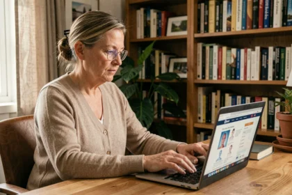 Patiente d'une cinquantaine d'années consultant les avis sur un médecin via un site de santé en ligne sur son ordinateur portable à domicile