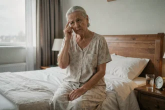 Femme âgée assise au bord du lit en fin de nuit, exprimant de la fatigue et des troubles du sommeil