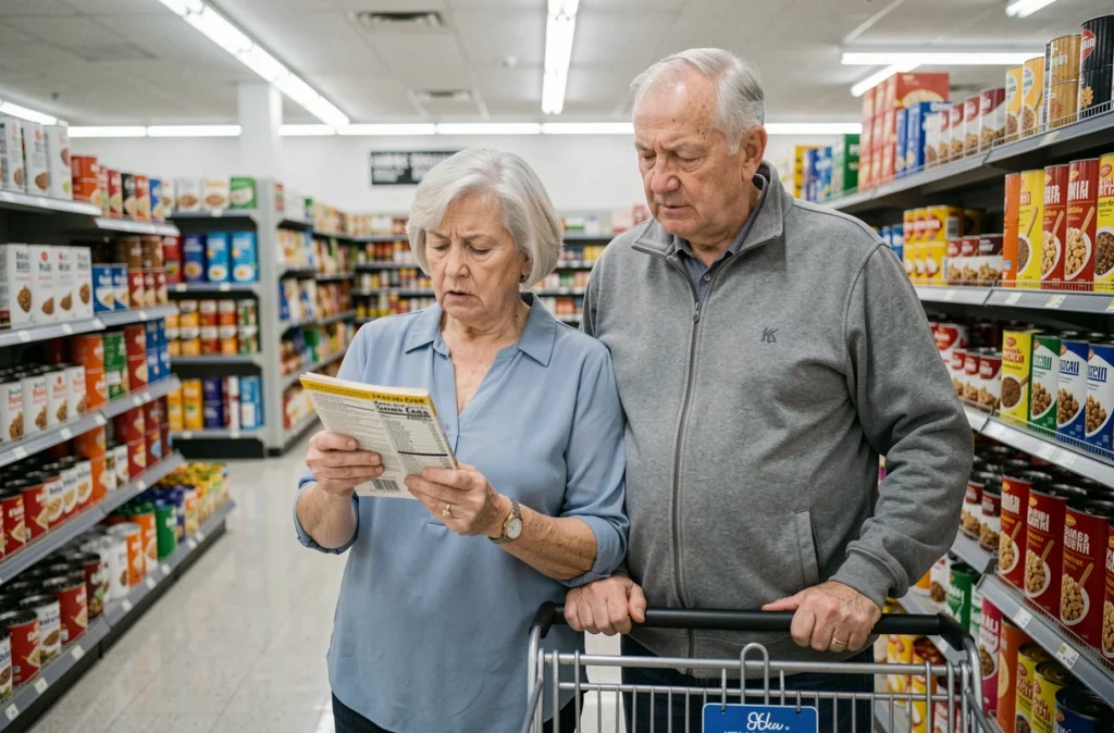 Couple de personnes âgées en supermarché vérifiant les valeurs nutritionnelles sur un emballage alimentaire