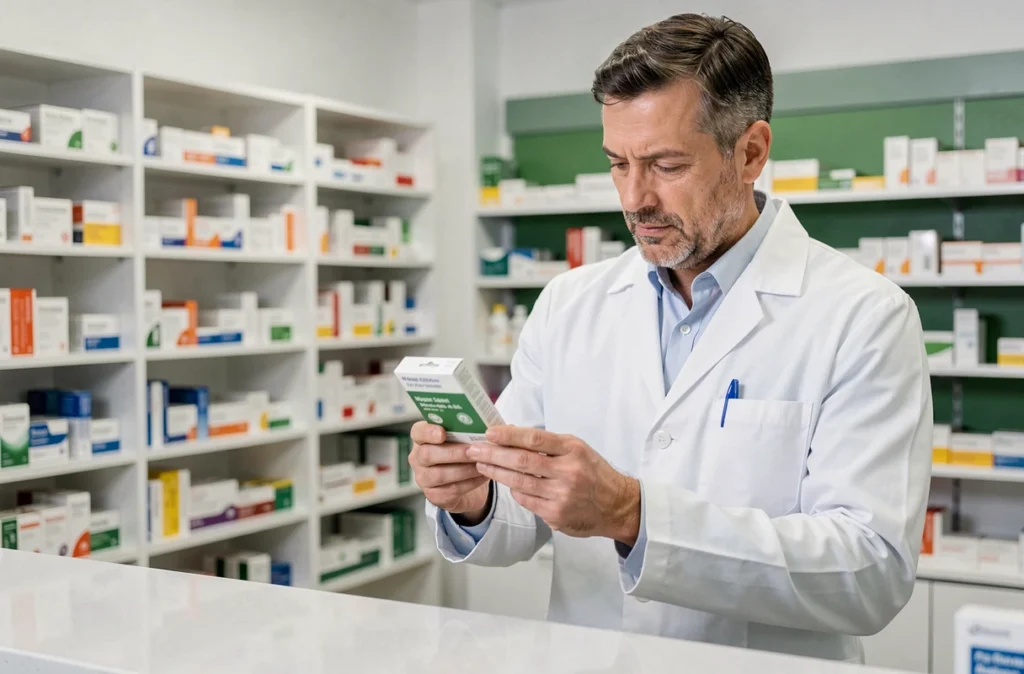 Pharmacien en blouse blanche tenant un bonnet anti-migraine dans les mains derrière le comptoir d'une pharmacie