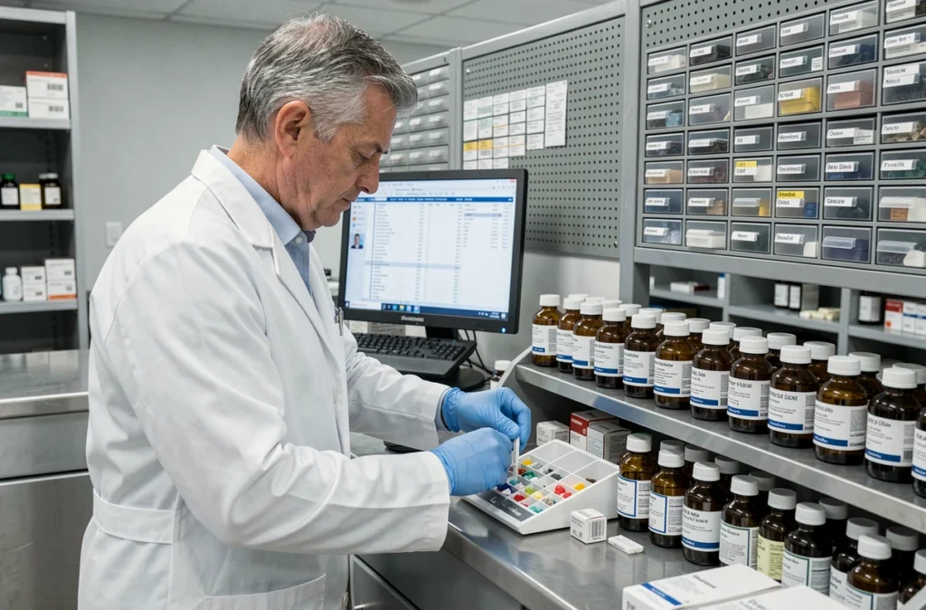 Pharmacien préparant des médicaments dans l'arrière-boutique d'une officine avec rigueur professionnelle