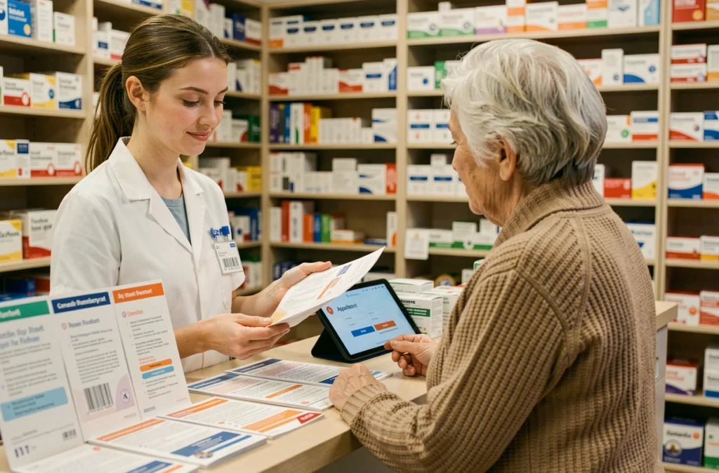 Pharmacienne expliquant la vaccination à une patiente âgée au comptoir d'une pharmacie