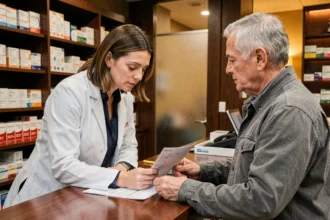 Pharmacienne de proximité en consultation avec un patient au comptoir d'une pharmacie moderne