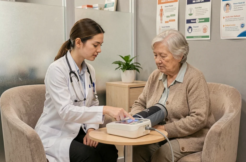 Pharmacienne mesurant la tension artérielle d'une patiente âgée dans un espace de consultation en pharmacie