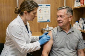 Pharmacienne administrant un vaccin à un patient adulte dans une officine locale