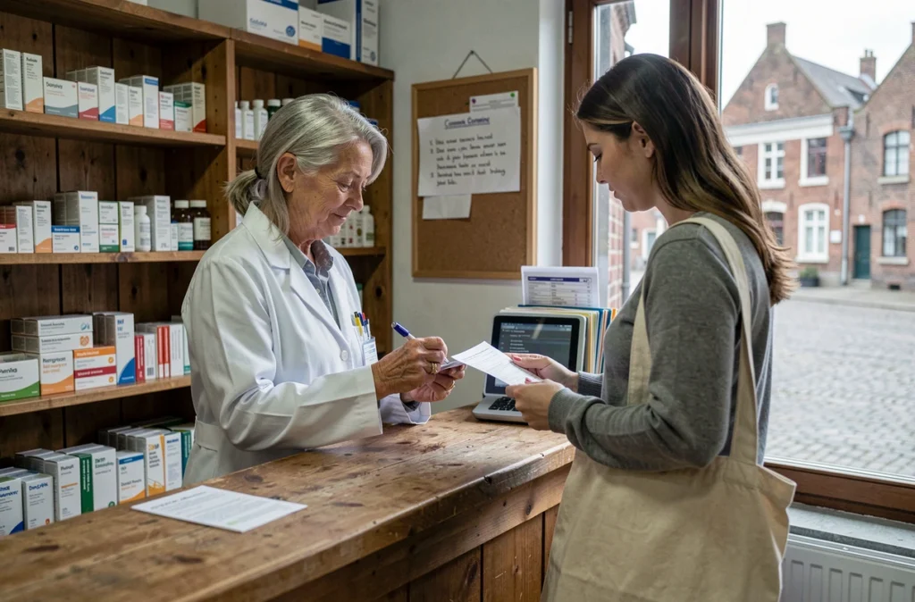 Pharmacienne conseillant une patiente dans une pharmacie de village rural en Belgique