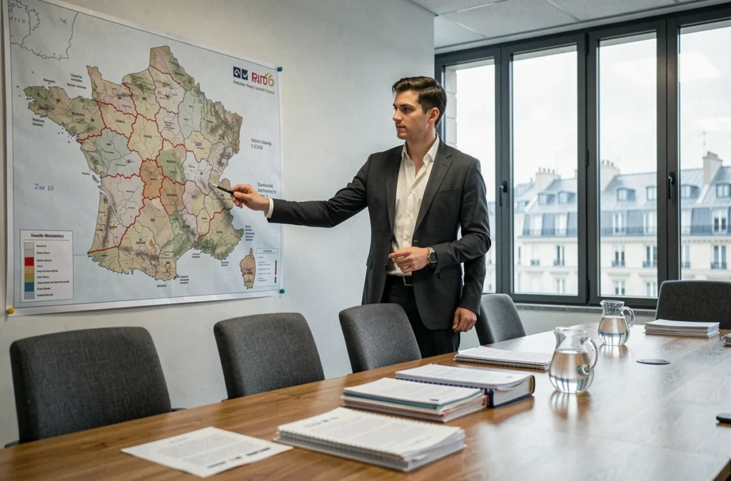 Responsable politique présentant une carte des déserts médicaux français lors d'une réunion gouvernementale sur le plan national de santé