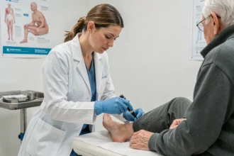Podologue femme examinant le pied d'un patient diabétique âgé dans un cabinet médical propre et équipé