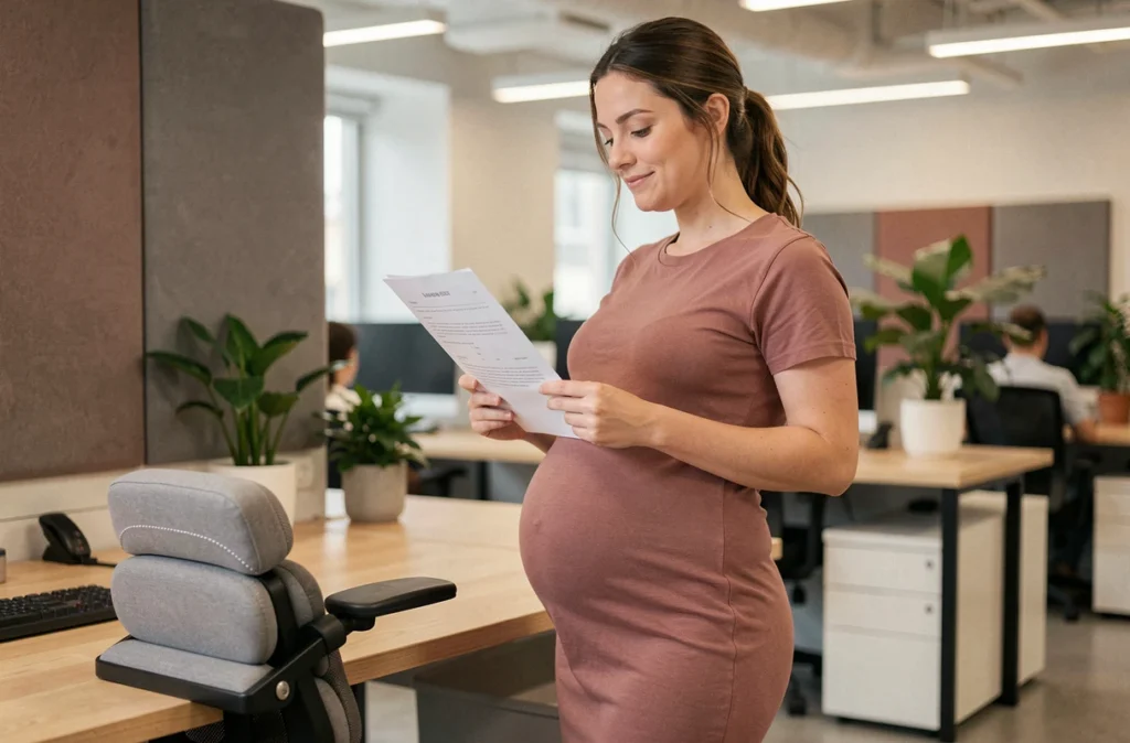 Femme enceinte debout à son bureau ergonomique avec coussin lombaire pour prévenir les douleurs du dos en milieu de travail