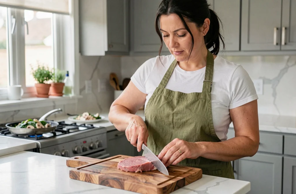 Femme préparant une escalope de veau maigre dans une cuisine moderne, repas sain de la semaine