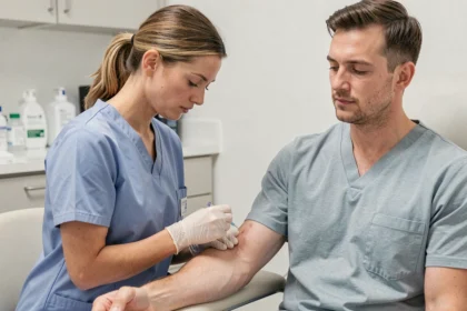 Infirmière réalisant une prise de sang sur un patient dans un cabinet médical pour analyser le taux de LDH