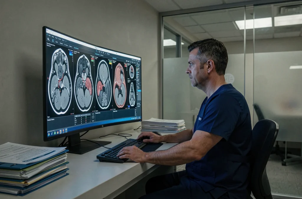 Radiologue examinant des IRM abdominales montrant des tumeurs bénignes du foie sur des écrans médicaux dans une salle de lecture