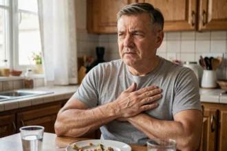 Homme d'âge mûr assis à table, main sur la poitrine, illustrant les symptômes du reflux gastro-œsophagien et de la hernie hiatale