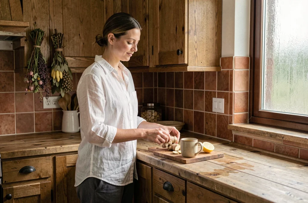 Femme enceinte préparant une tisane au gingembre et citron dans une cuisine rustique pour soulager les nausées du premier trimestre