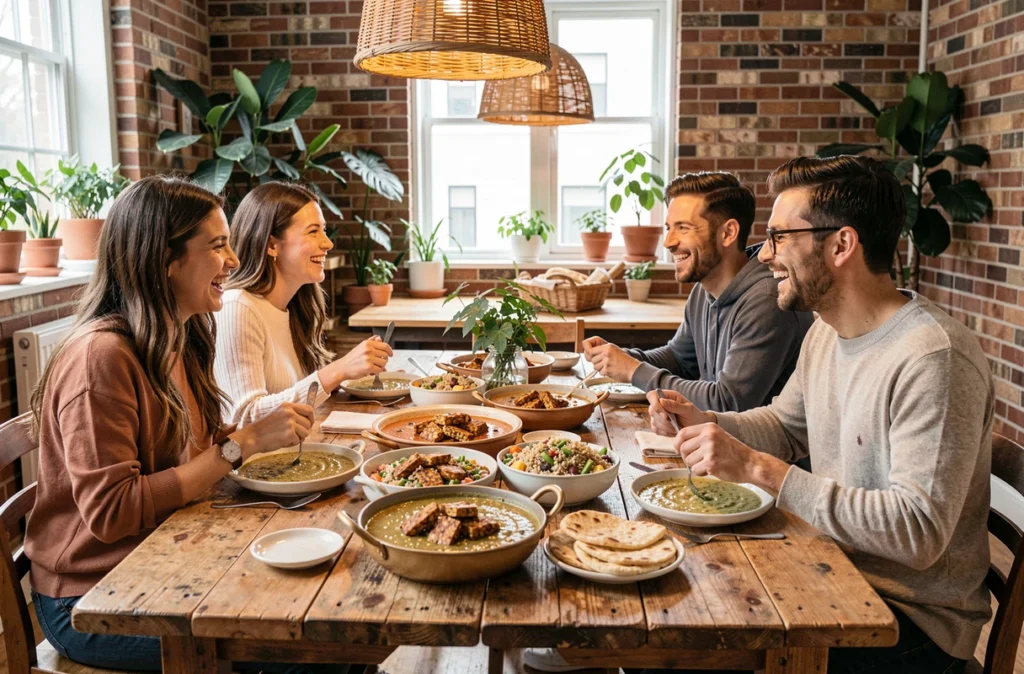 Groupe d'amis partageant un repas convivial avec des plats riches en protéines végétales comme le dal de lentilles et le tempeh rôti