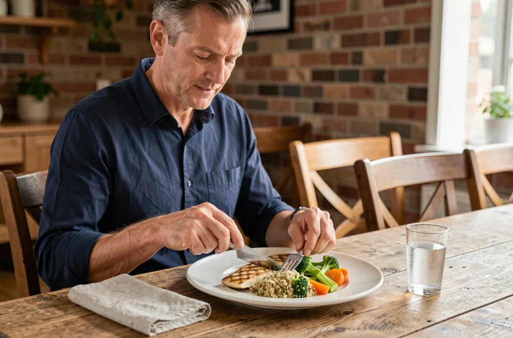 Homme dressant une assiette de poisson grillé et quinoa, exemple de repas léger et savoureux fait maison