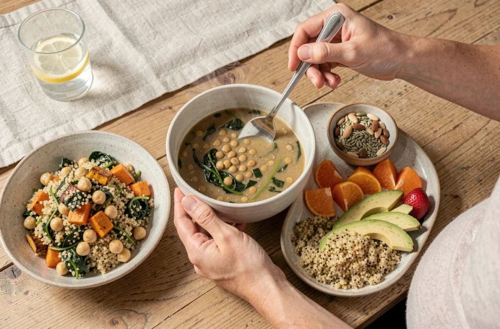 Assiette végétarienne équilibrée pour femme enceinte avec lentilles, quinoa, avocat et fruits frais vue de dessus