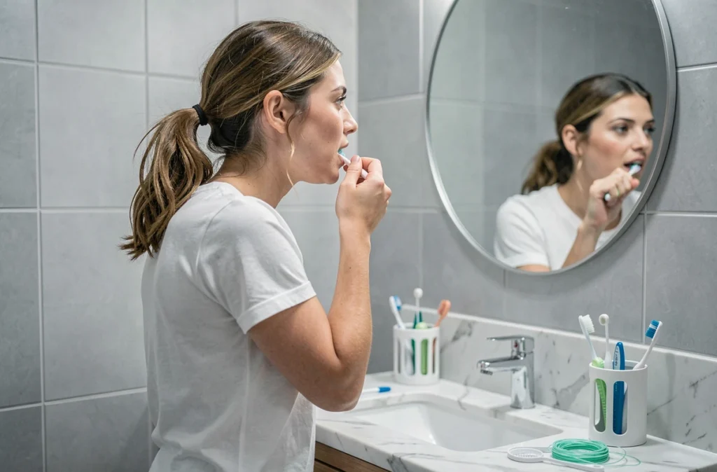 Jeune femme pratiquant une routine de brossage des dents soigneuse dans une salle de bain moderne pour une bonne hygiène bucco-dentaire
