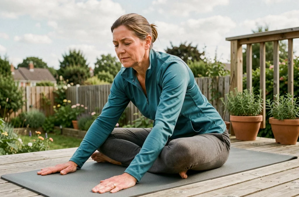 Femme d'âge moyen s'étirant sur un tapis de yoga en terrasse dans le cadre d'une routine sportive anti-graisse