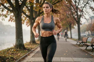 Femme faisant son jogging le long d'une promenade urbaine au bord de l'eau pour stimuler la combustion des graisses