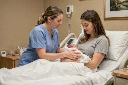 Sage-femme accompagnant une jeune mère tenant son nouveau-né pour la première fois dans une chambre de maternité